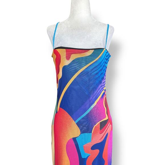 Expired Girl X Heeyajenny 2 Way Mesh Midi Slip Dress Colorful Colorblock Medium - Picture 2 of 14